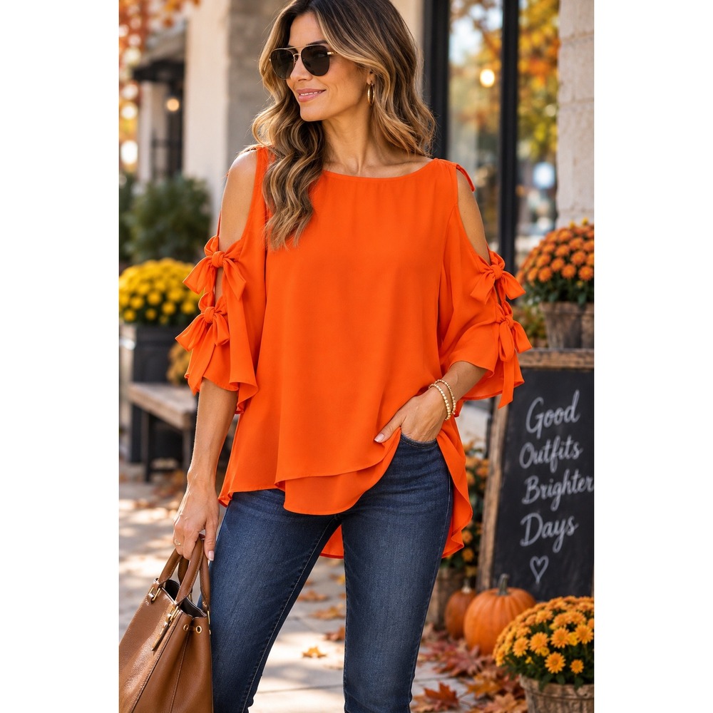 Bold Elements Women Atlantic Orange Cold Shoulder Tie Sleeve Blouse XL NEW